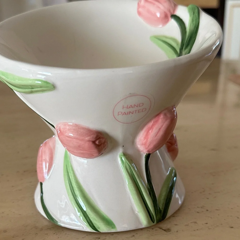 Hand-Painted Pink Tulip Ceramic Cat Bowl Decorative Pet Feeder or DrinkEaster